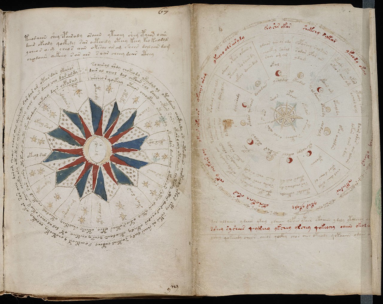 Voynich folio 67 recto foldout with two circular astronomical diagrams.